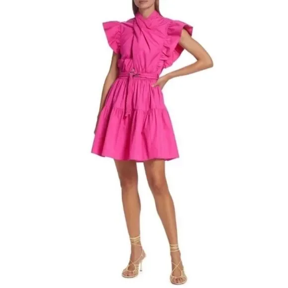 Derek Lam 10 Crosby Finn Ruffle Wrap Tiered Mini Shift Dress in Magenta Size 8 - Picture 10 of 11